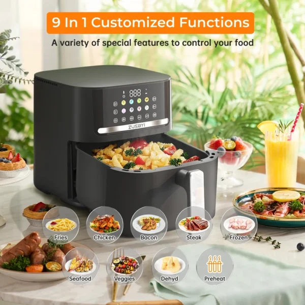 Air Fryer, ZUSBYI 6.5QT Air Fryer Oven With Smart Coloful Screen, 10 in 1 Customizable Functions, 1-Touch Digital Display Large Air fryer, Shake Reminder, Up to 450°F, Nonstick Dishwasher-Safe Basket - Image 3