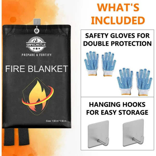 Fire Blanket Emergency Survival Kit 2 Pack 59"x59" + 2 Hooks & 2 Gloves | Flame Retardant Protection Blanket for Camping Kitchen Home Office & Car Easy to Store Fire Extinguisher Safety Blanket