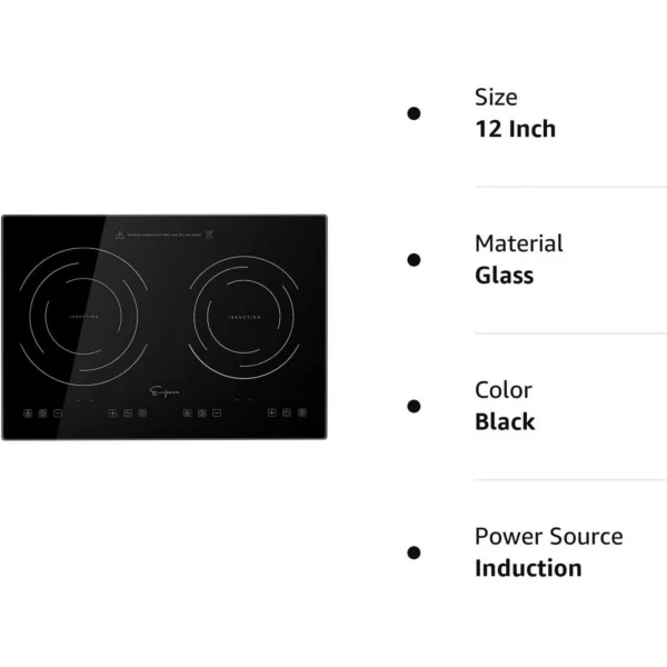 Empava IDC12B2 Horizontal Electric Stove Induction Cooktop with 2 Burners in Black Vitro Ceramic Smooth Surface Glass 120V, 12 Inch 12 Inch Stove - Image 2