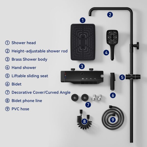 Shower System Thermostatic Matte Black Shower Faucet Set with Piano Key Digital Display Ambient Lights 12" Rain Shower Head Shower Combo Set with Tub Spout, Hand Shower, Bidet Spraye - Image 2