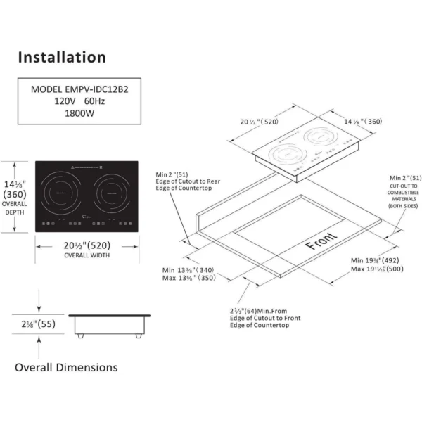 Empava IDC12B2 Horizontal Electric Stove Induction Cooktop with 2 Burners in Black Vitro Ceramic Smooth Surface Glass 120V, 12 Inch 12 Inch Stove - Image 3