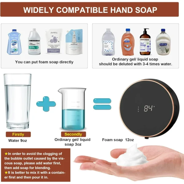 wintfarm Automatic Soap Dispenser Touchless Auto Foaming Hands Free Wall Mount Foam Hand Soap Dispenser Electric Plastic Modern Rechargeable Smart Dish Soap Dispenser for Bathroom Kitchen Black - Image 4