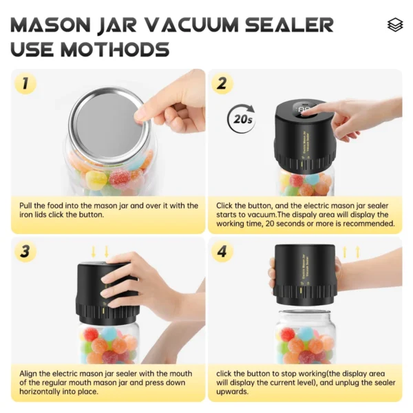 Mason Jar Vacuum Sealer, Electric Cordless Mason Jar Vacuum Sealer for Food Storage and Fermentation, Vacuum Sealer with Can Opener for Wide-Mouth & Regular-Mouth Mason Jars - Image 4